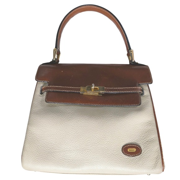 Bally Two Tone Leather Top Handle Kelly Satchel Bag Cream Brown Turnlock Vintage - Picture 2 of 16